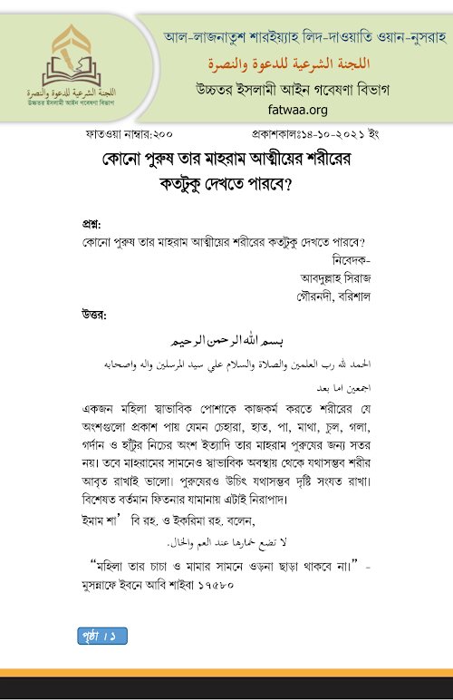 fatwaa200কোনো পুরুষ তার মাহরাম আত্মীয়ের শরীরের কতটুকু দেখতে পারবে PDF বই কভার