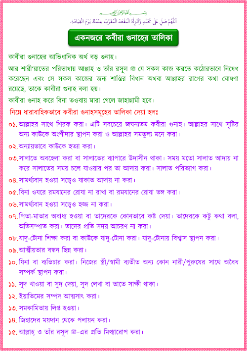 একনজরে কবীরাহ গুনাহের তালিকা PDF বই কভার